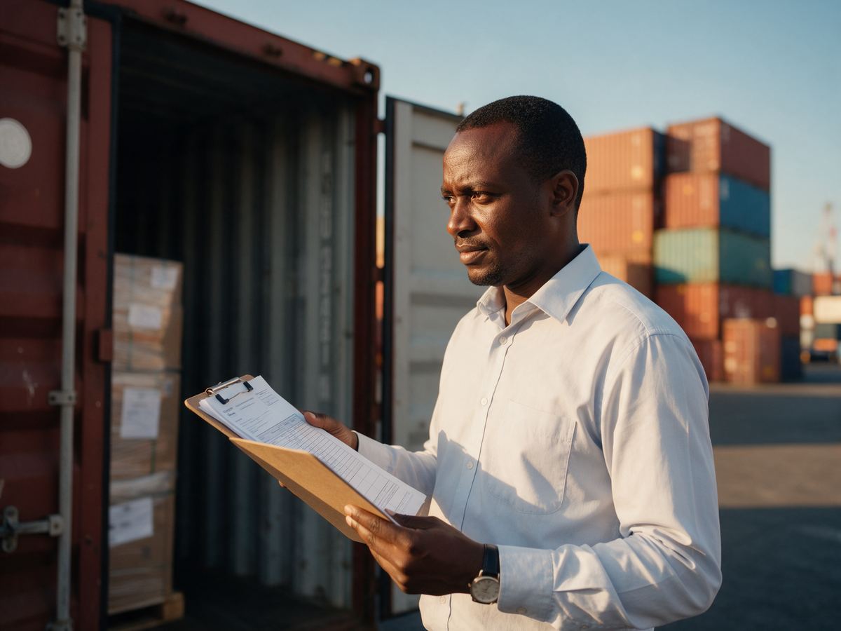 Open Gate clearing agent checking shipping documents beside an open container at the port